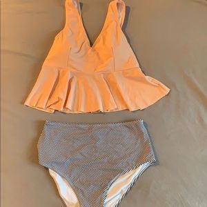 Blush & Navy Striped High Waisted Bikini